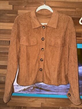 Brown Corduroy Button-Front Jacket and swimsuit.
